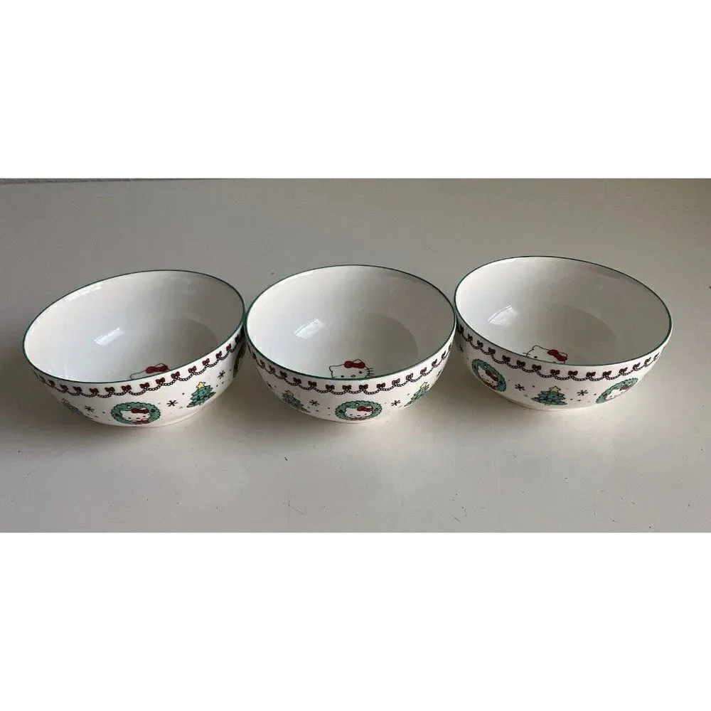 Set Of 3‎ Sanrio Hello Kitty Ceramic 27 Oz Bowl Christmas Tree Dress Snowflake